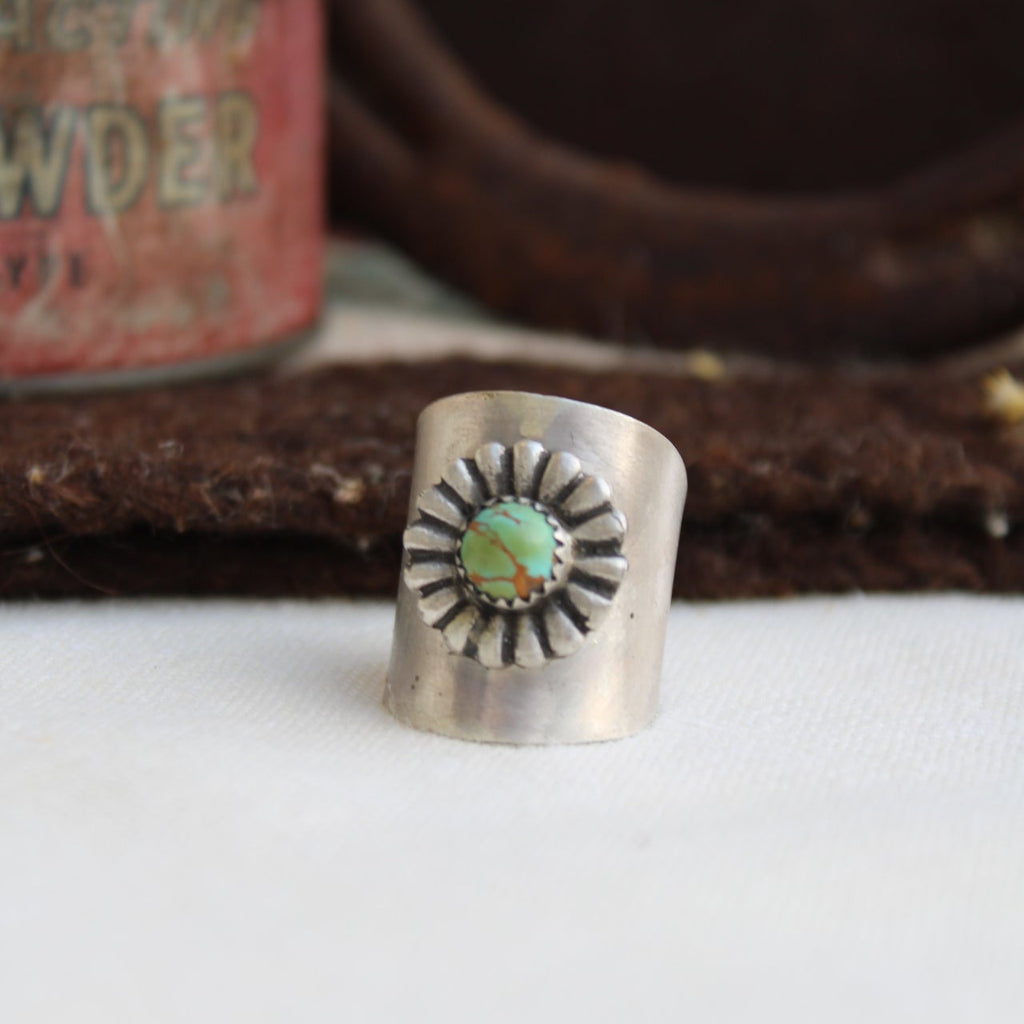 Silver ring with turquoise stone on a white background